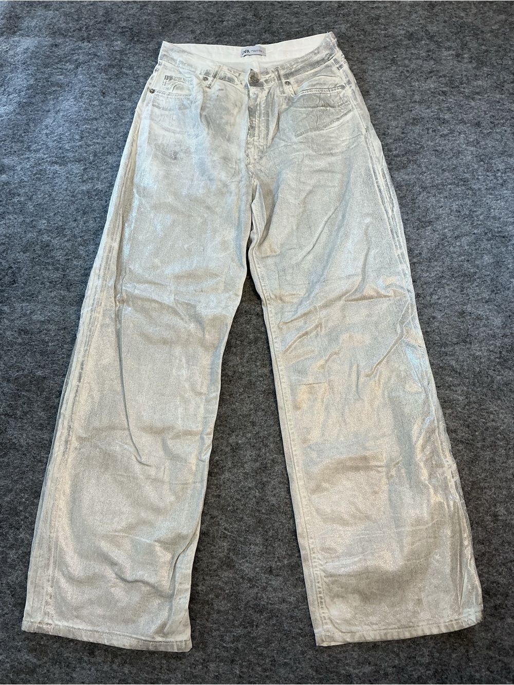 Zara Silver Metallic Wide Leg Jeans Size 6